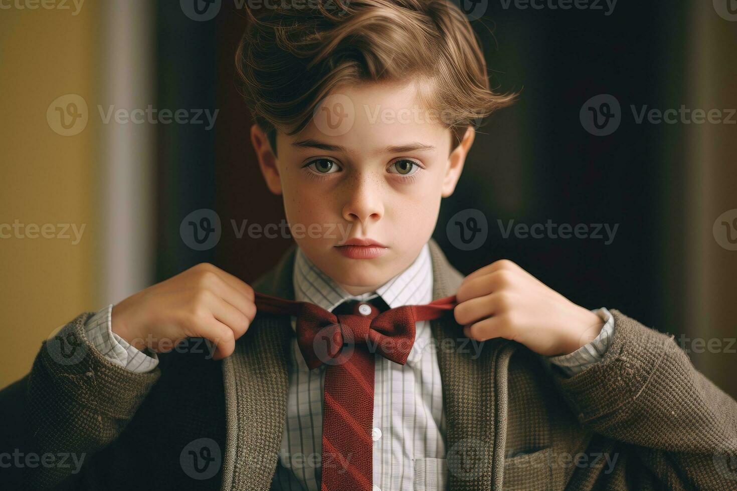 Close-up shot of a schoolboy wearing a tie. Generative AI photo