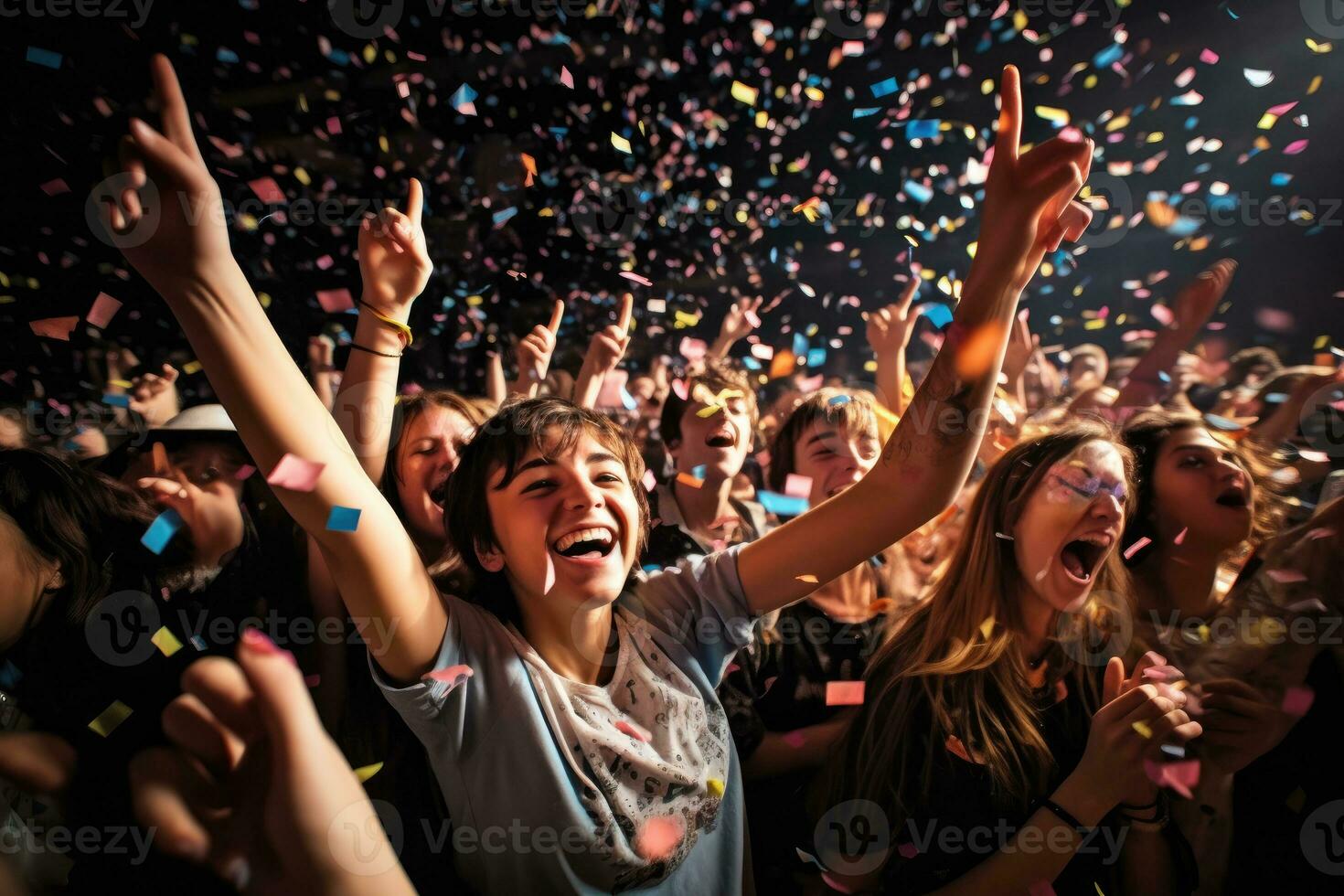 An energetic crowd shot at a birthday party, with confetti flying through the air. Generative AI photo