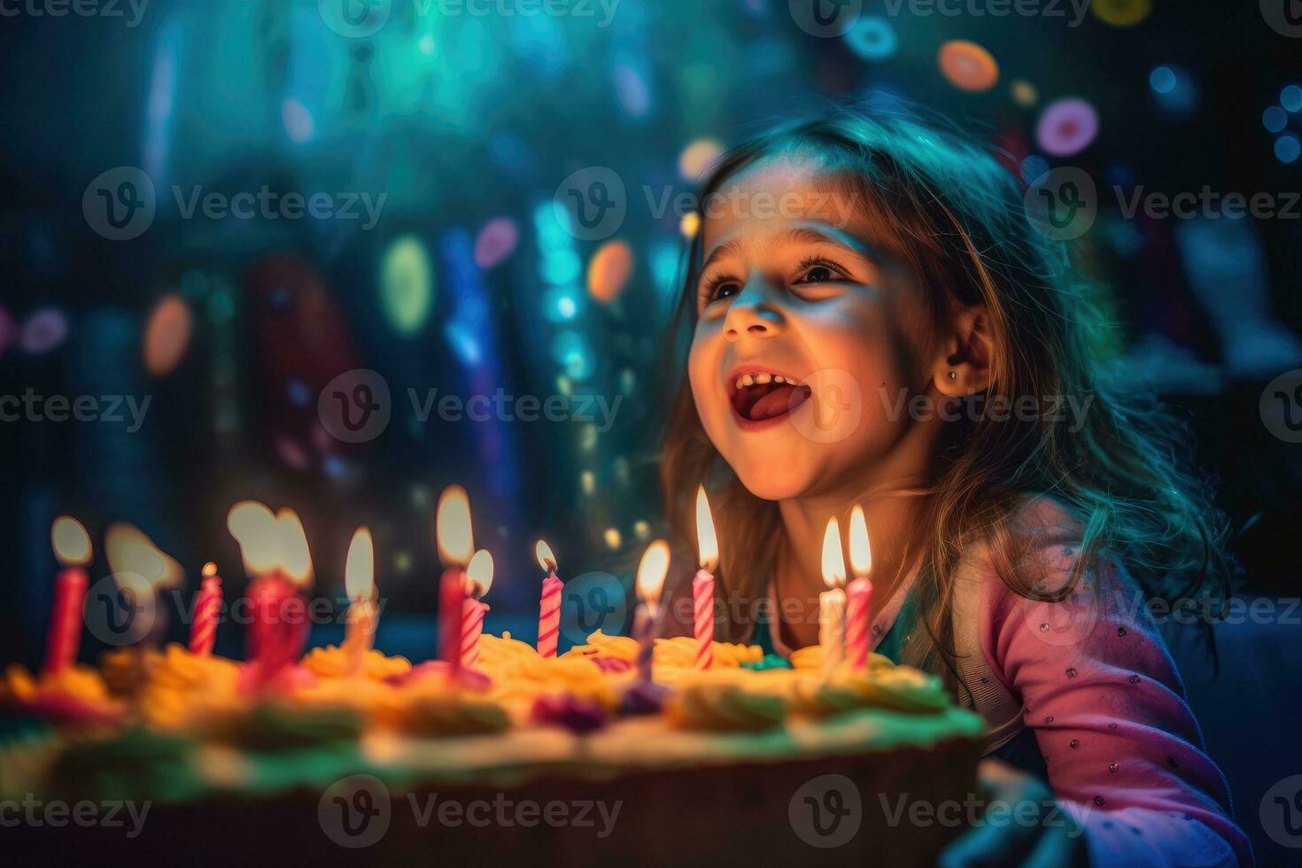 A vibrant and joyful close - up shot of a child blowing out the candles on a birthday cake. Generative AI photo