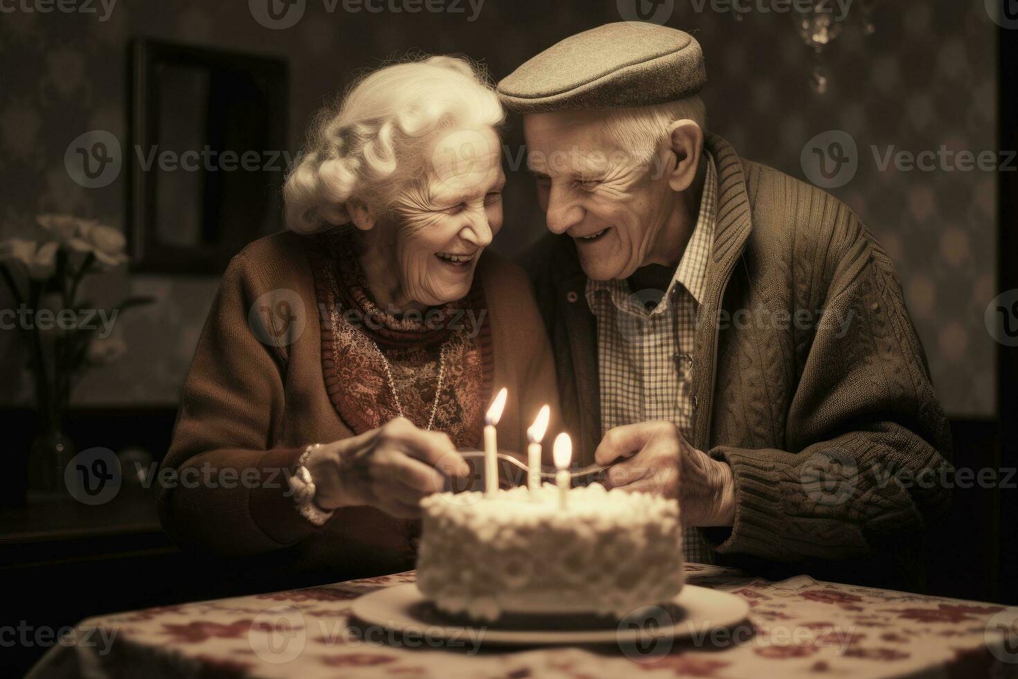 A retro - styled photograph of an older couple celebrating a birthday. Generative AI photo