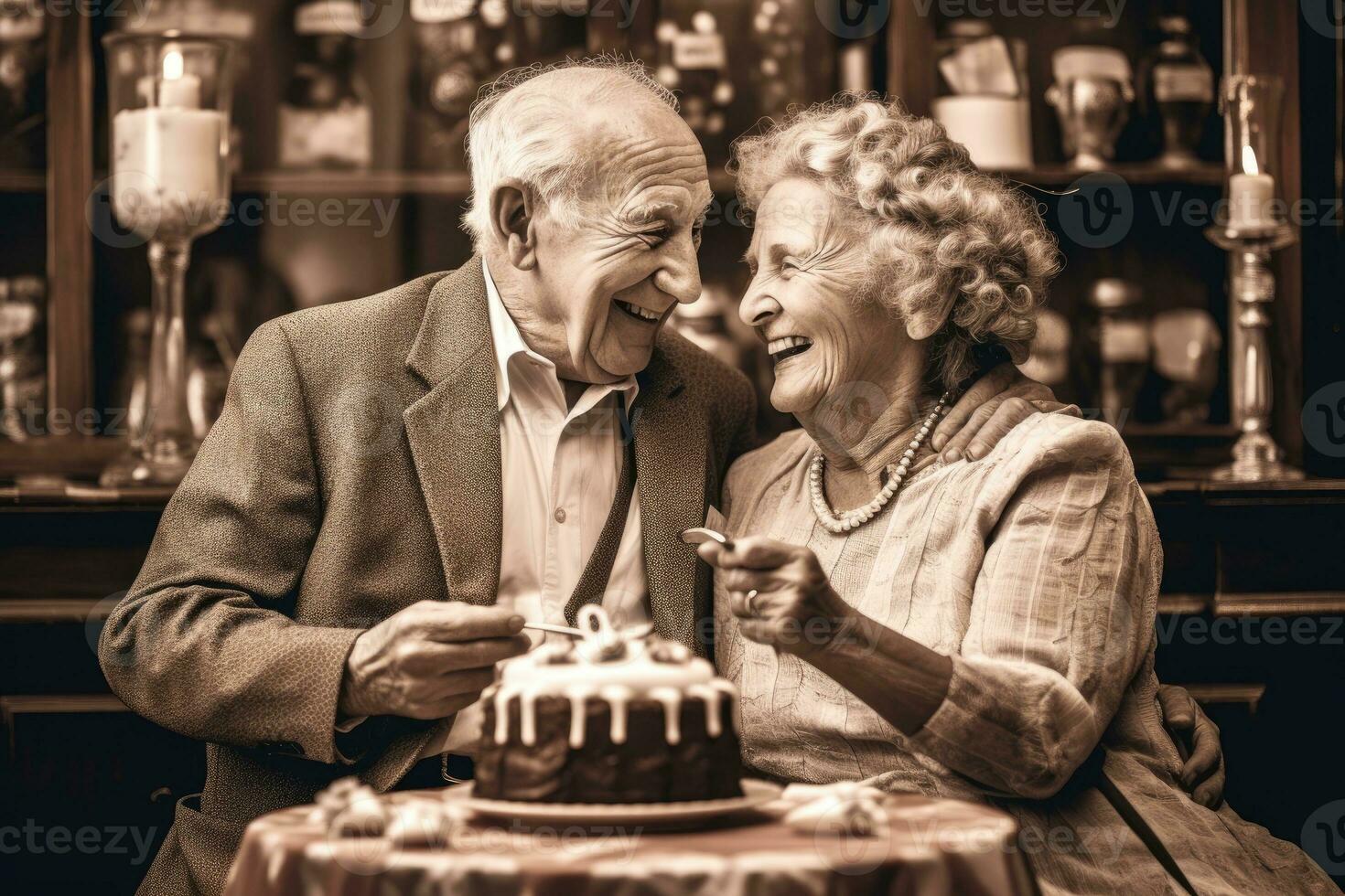 A retro - styled photograph of an older couple celebrating a birthday. Generative AI photo