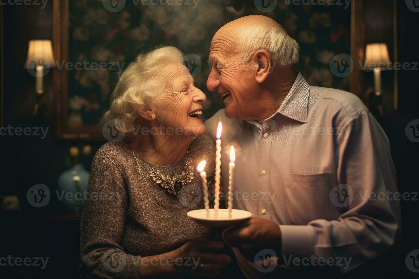 A retro - styled photograph of an older couple celebrating a birthday. Generative AI photo