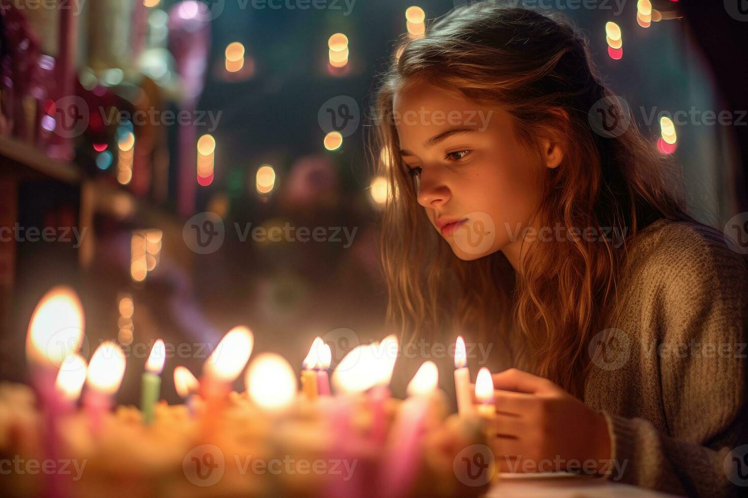 A profile view of a teenage girl making a wish before blowing out her birthday candles. Generative AI photo