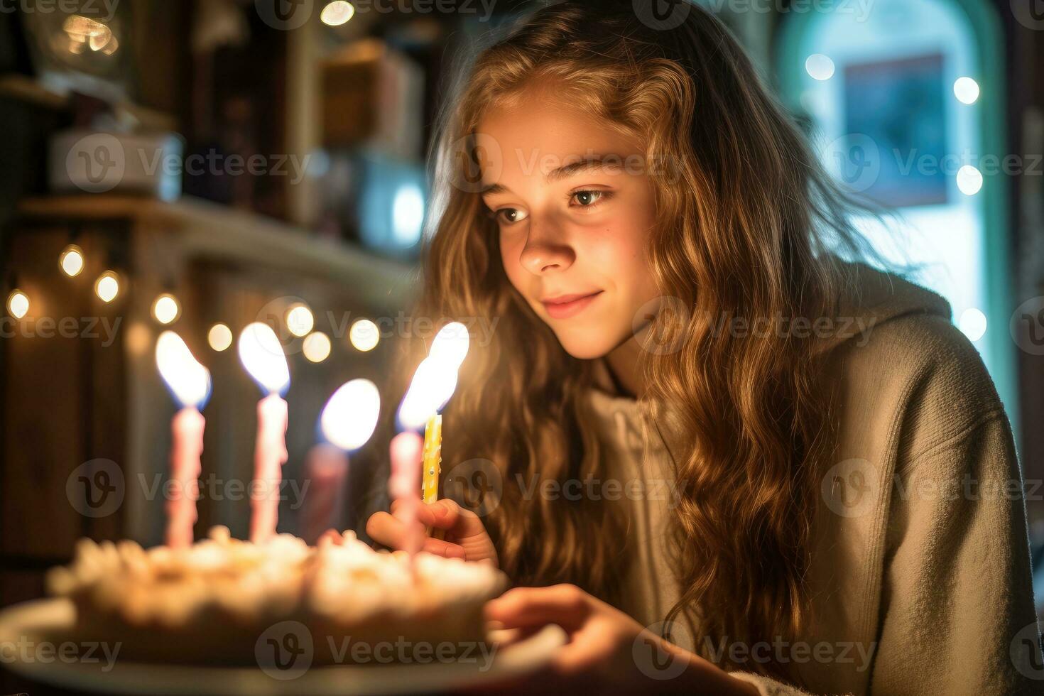 A profile view of a teenage girl making a wish before blowing out her birthday candles. Generative AI photo