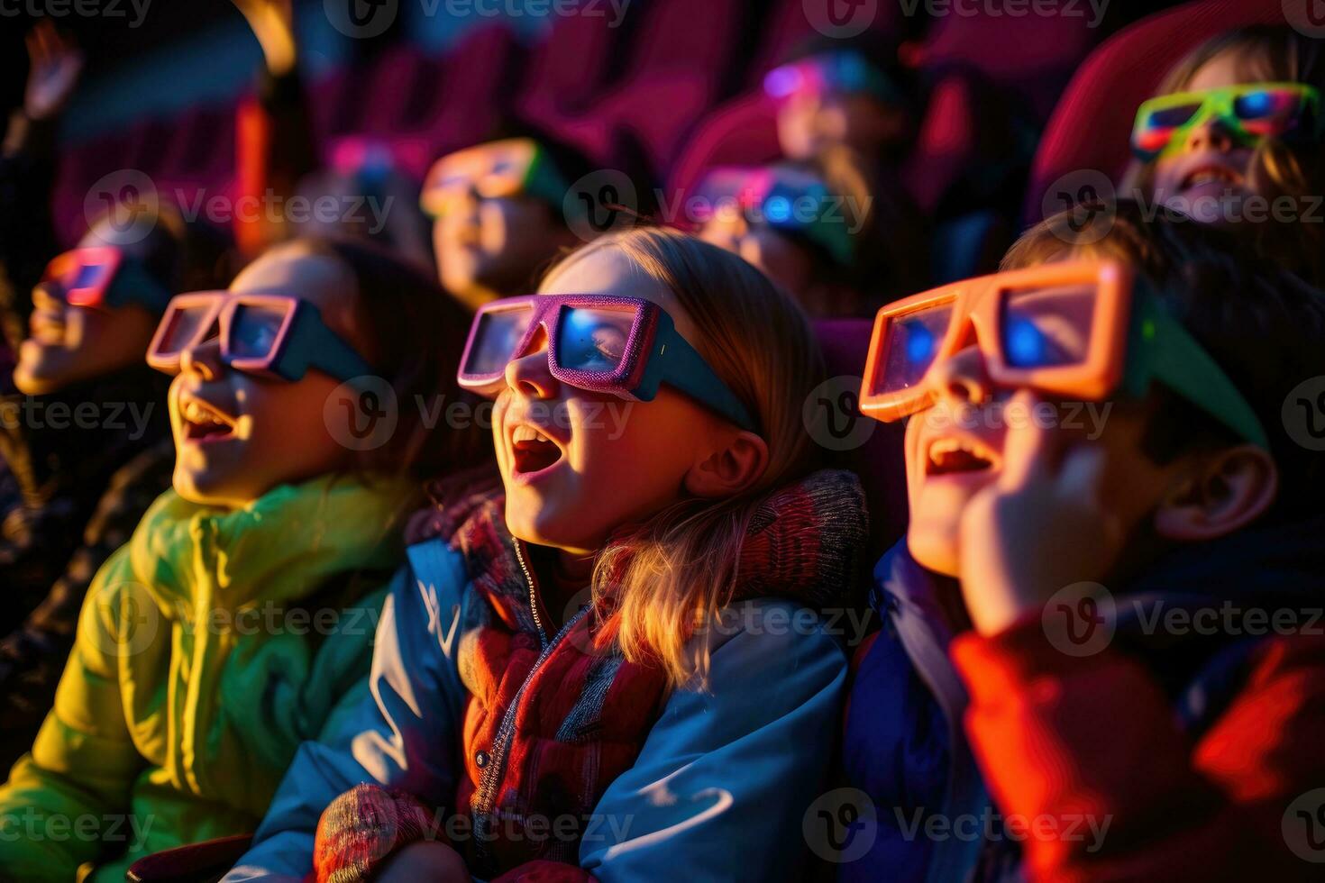 A contemporary scene of children in 3D glasses watching an adventure movie. Generative AI photo