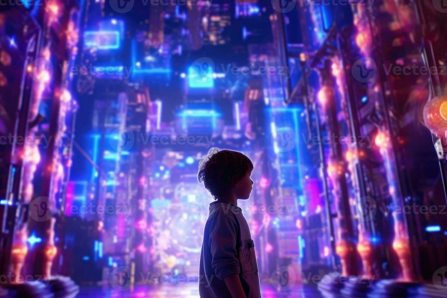 A young child, mouth agape in awe, during a CGI - laden epic fantasy movie. Generative AI photo