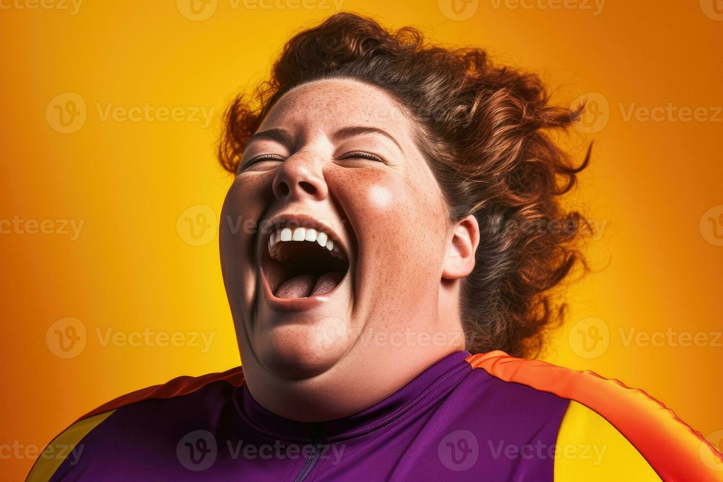 An energetic close - up shot capturing a playful, overweight woman mid - laugh during her fitness routine. Generative AI photo