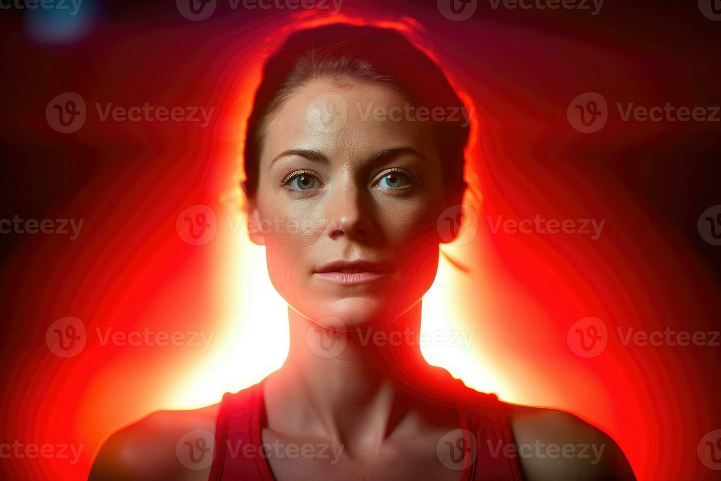 An expressive headshot of a woman in a sportive pose, surrounded by a contemporary, minimalist studio setting. Generative AI photo