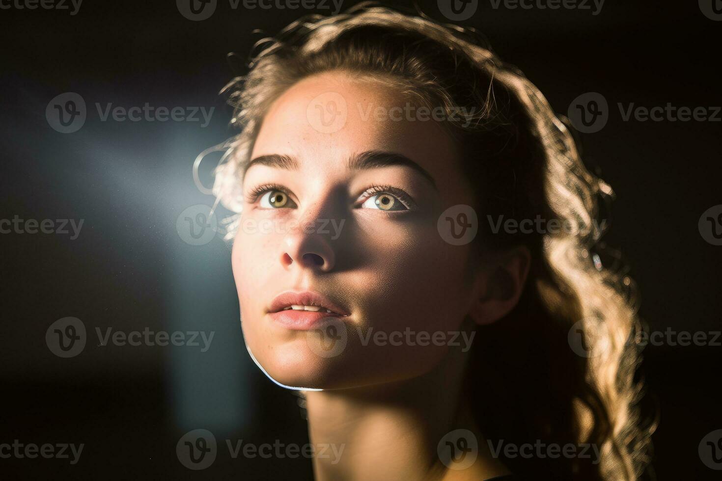 An expressive headshot of a woman in a sportive pose, surrounded by a contemporary, minimalist studio setting. Generative AI photo