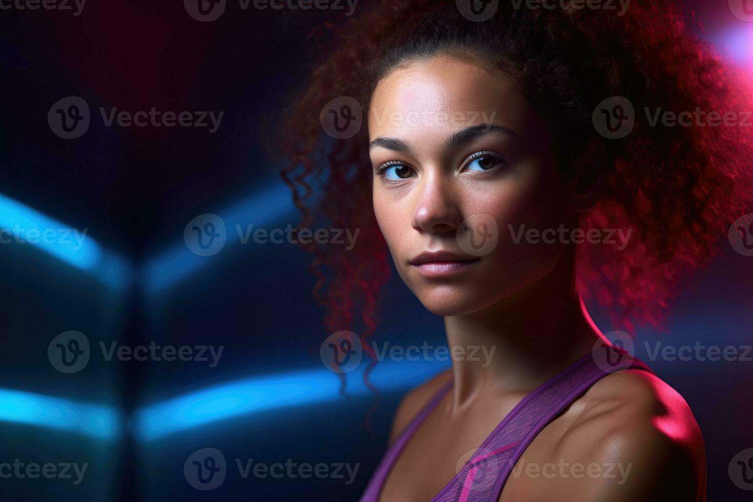 An expressive headshot of a woman in a sportive pose, surrounded by a contemporary, minimalist studio setting. Generative AI photo