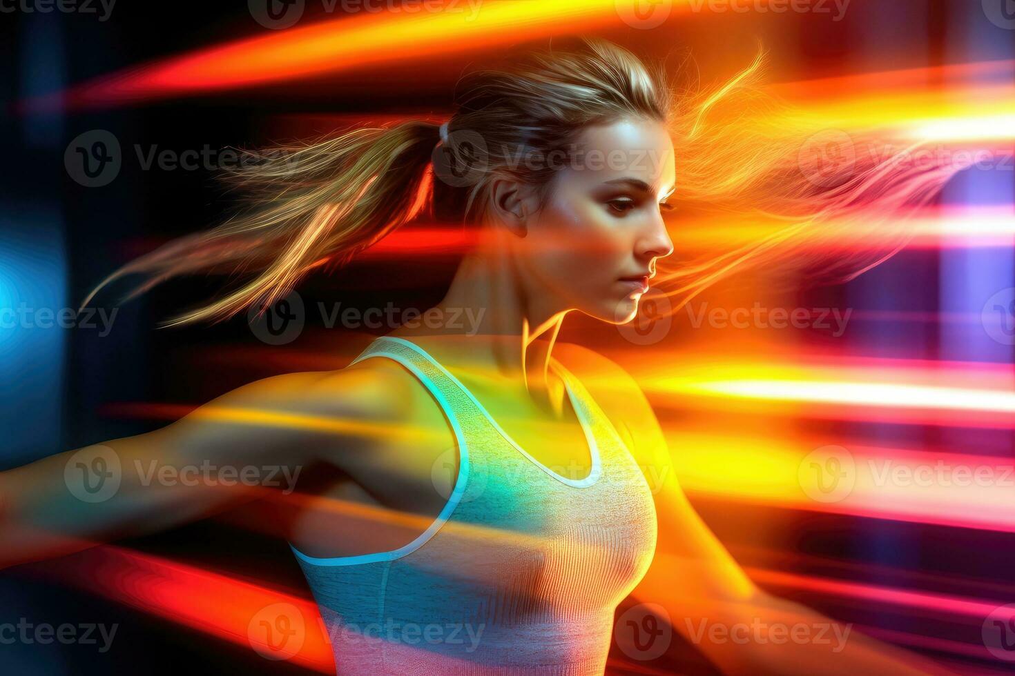 A candid profile view of a lively woman energetically dancing in her workout gear. Generative AI photo