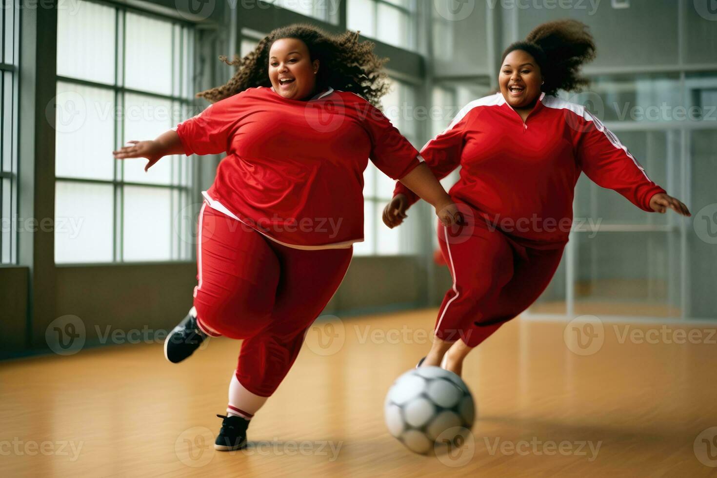 An energetic, full - body shot of two vivacious, plus - size young girls participating in a lively game of indoor soccer. Generative AI photo