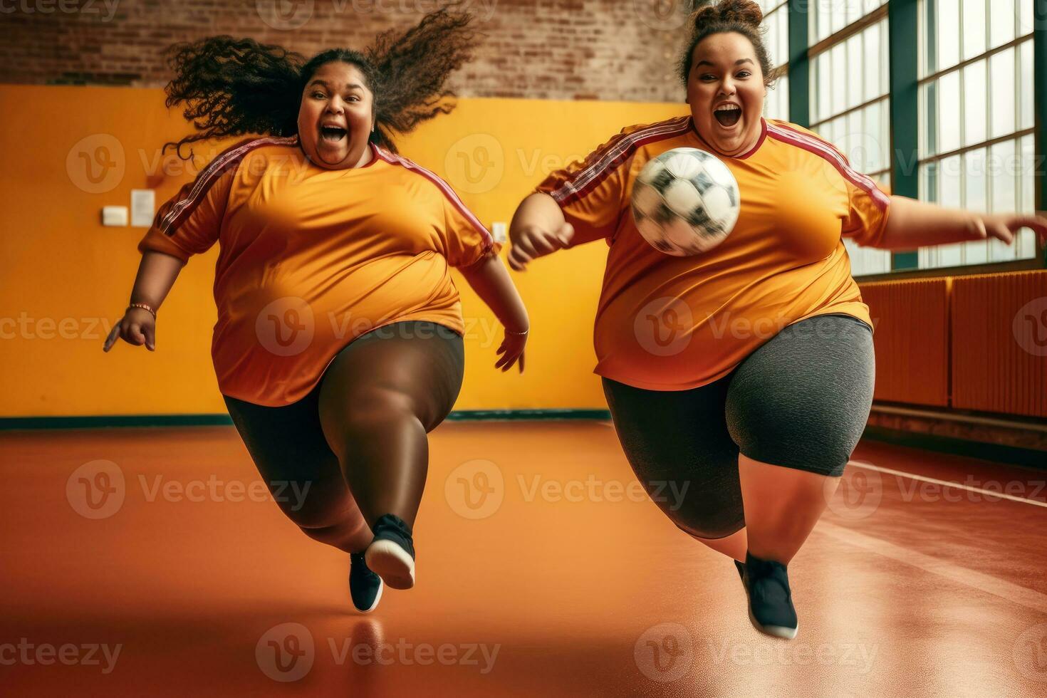 An energetic, full - body shot of two vivacious, plus - size young girls participating in a lively game of indoor soccer. Generative AI photo