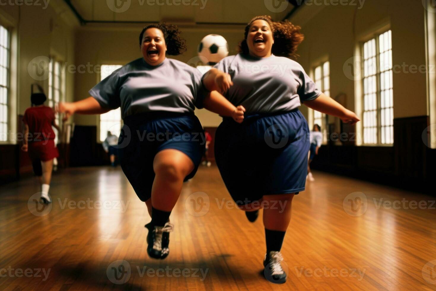 An energetic, full - body shot of two vivacious, plus - size young girls participating in a lively game of indoor soccer. Generative AI photo