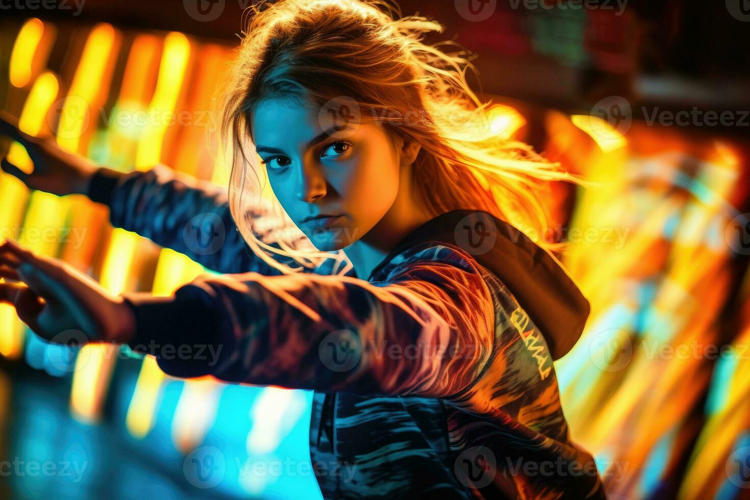 An engaging contemporary portrait of a 20 - year - old sporty young woman in an expressive pose amidst an energetic dance routine. Generative AI photo