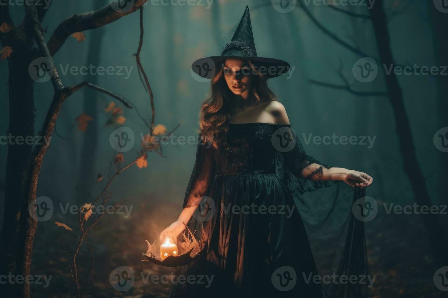 Halloween - themed photo, the mystique of a witch under the moonlight. Generative AI photo