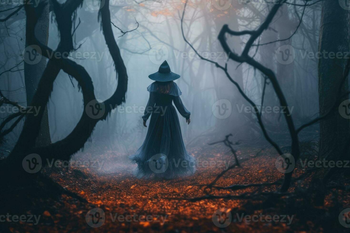 Halloween - themed photo, the mystique of a witch under the moonlight. Generative AI photo