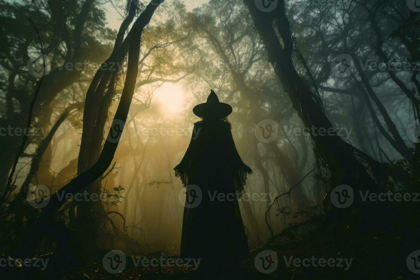 Halloween - themed photo, the mystique of a witch under the moonlight. Generative AI photo