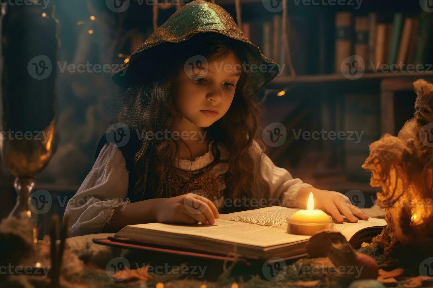 A child in a witch costume opening a magic book. Generative AI photo