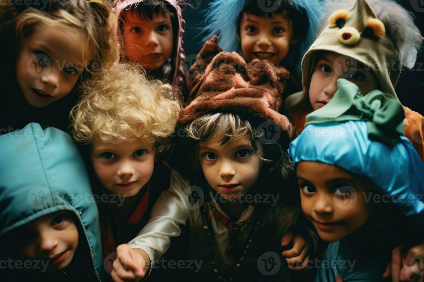 Children, dressed in a variety of Halloween costumes, in a low - angle shot against a warm pastel backdrop. Generative AI photo