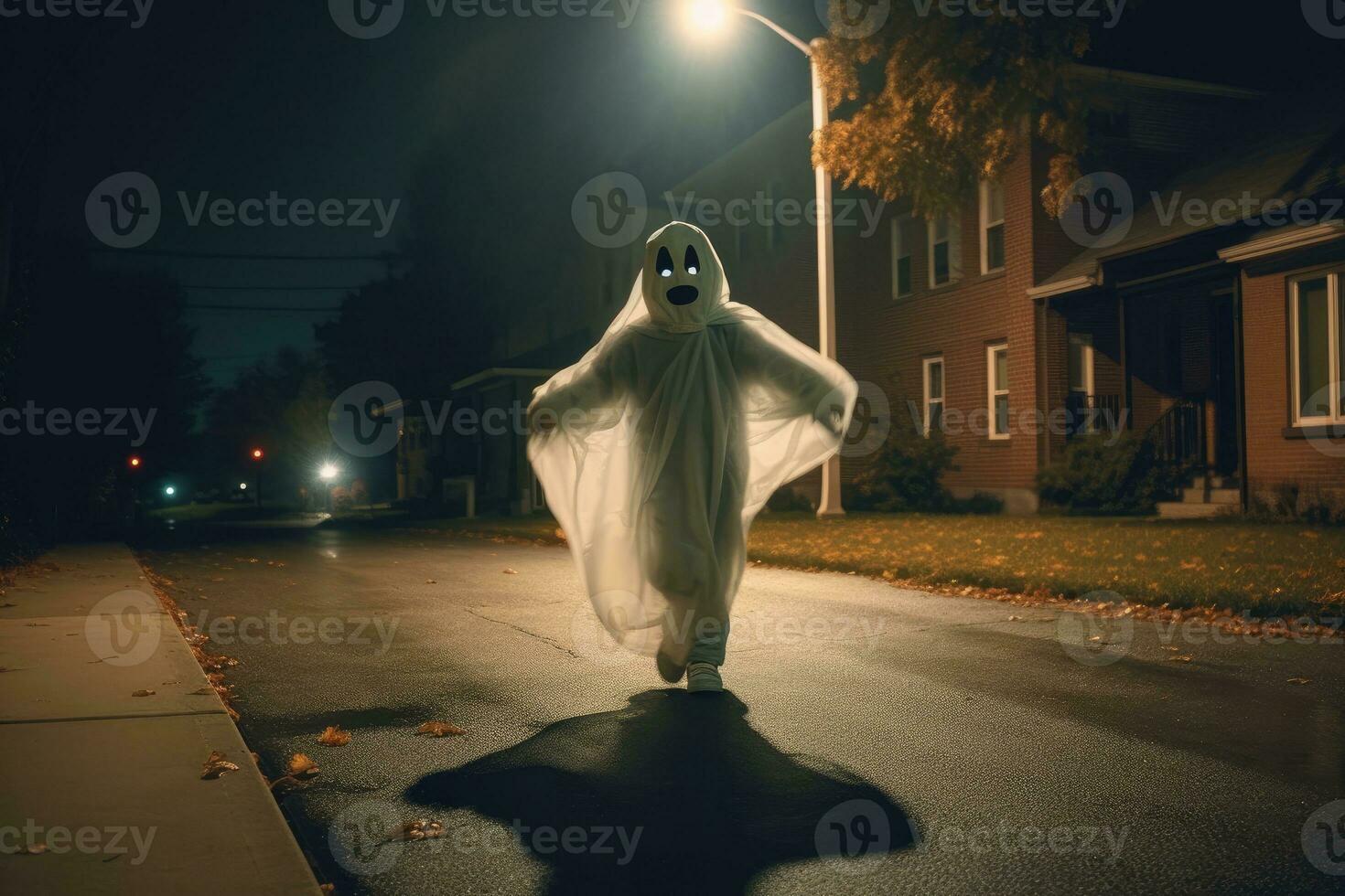 A child in a ghost costume under the moonlight. Generative AI photo