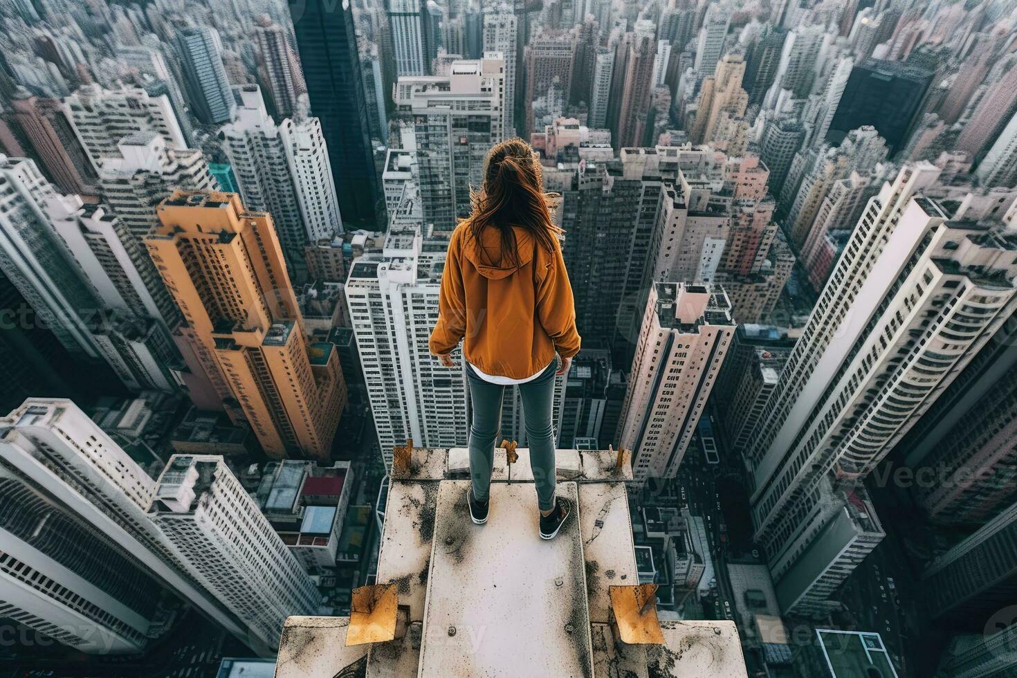 The female model reflects her adventurous spirit on top of the skyscraper against the bustling cityscape. Generative AI photo