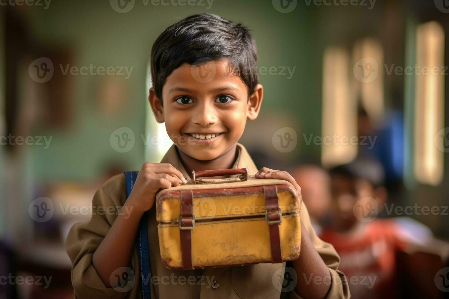 A candid, eye - level shot of a young student eagerly showing off his new lunchbox. Generative AI photo