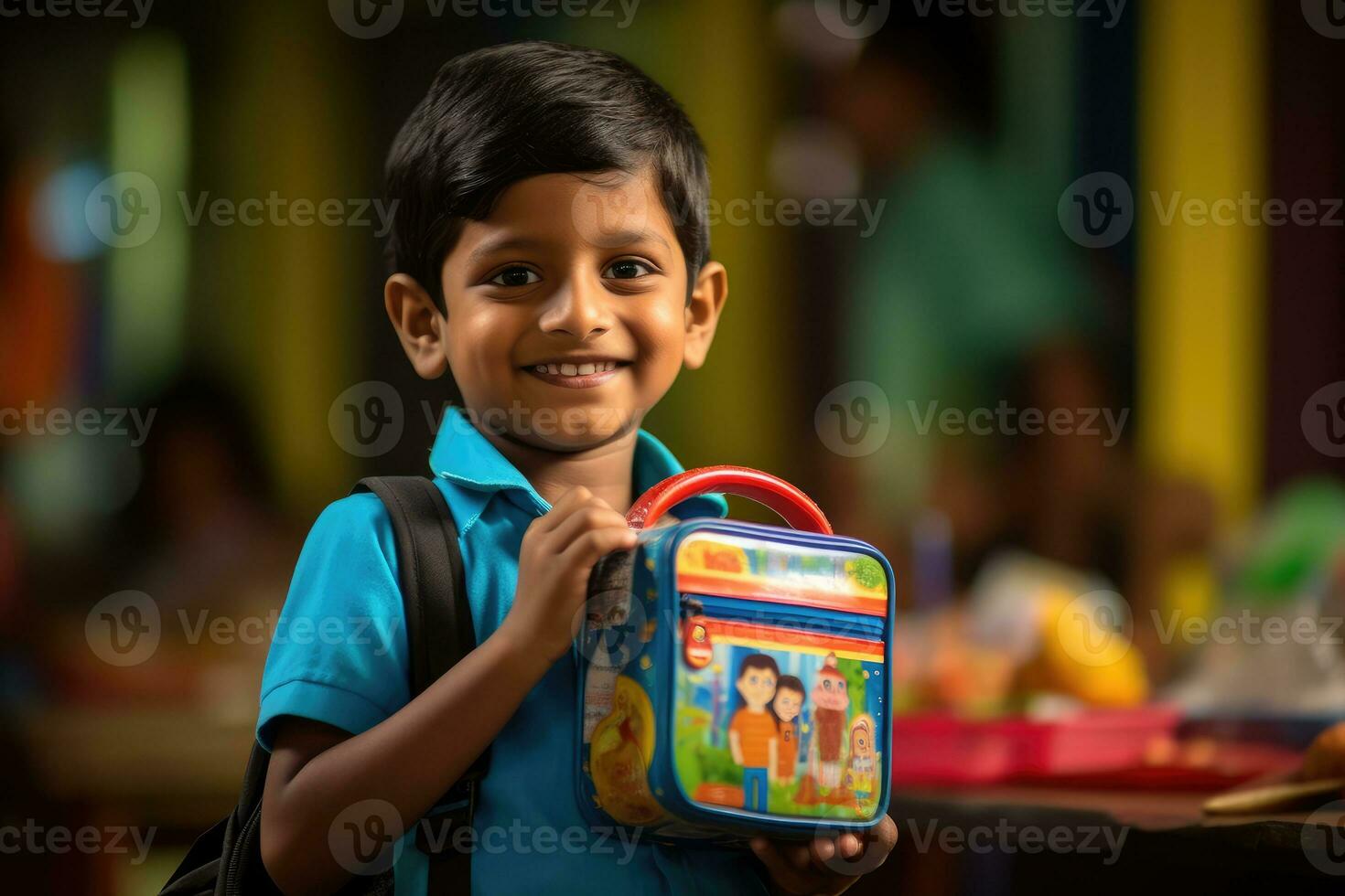 A candid, eye - level shot of a young student eagerly showing off his new lunchbox. Generative AI photo