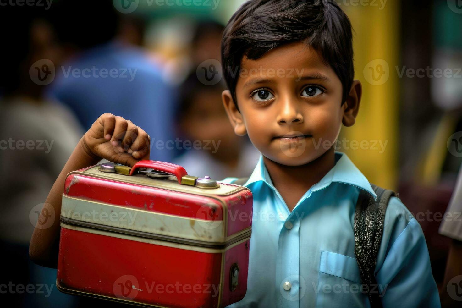 A candid, eye - level shot of a young student eagerly showing off his new lunchbox. Generative AI photo