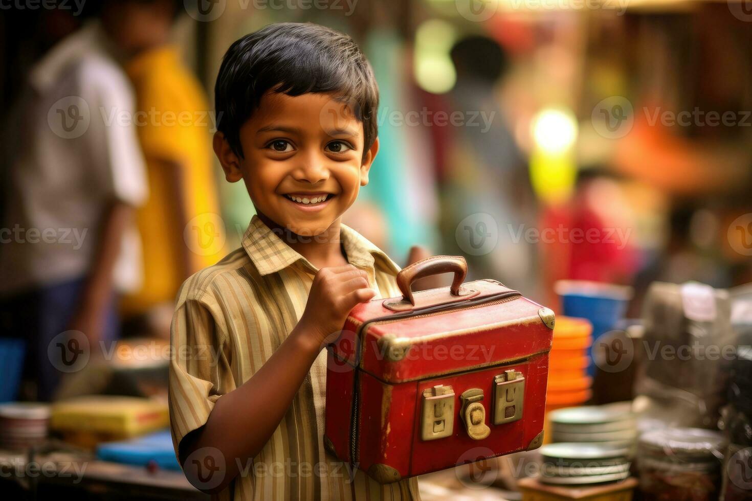 A candid, eye - level shot of a young student eagerly showing off his new lunchbox. Generative AI photo
