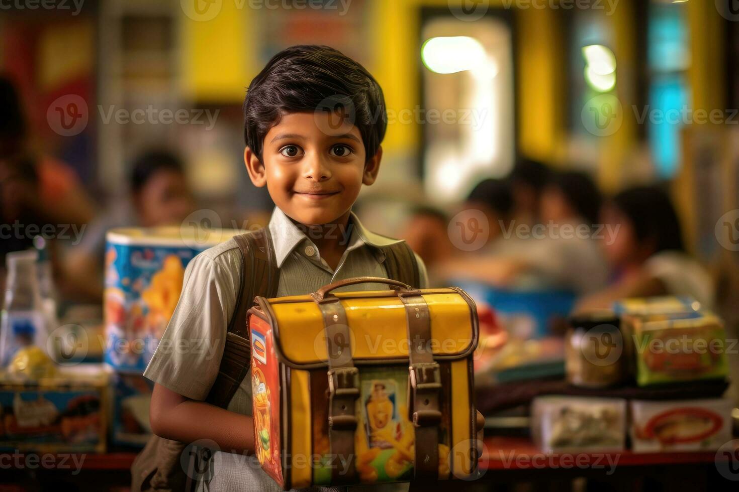 A candid, eye - level shot of a young student eagerly showing off his new lunchbox. Generative AI photo