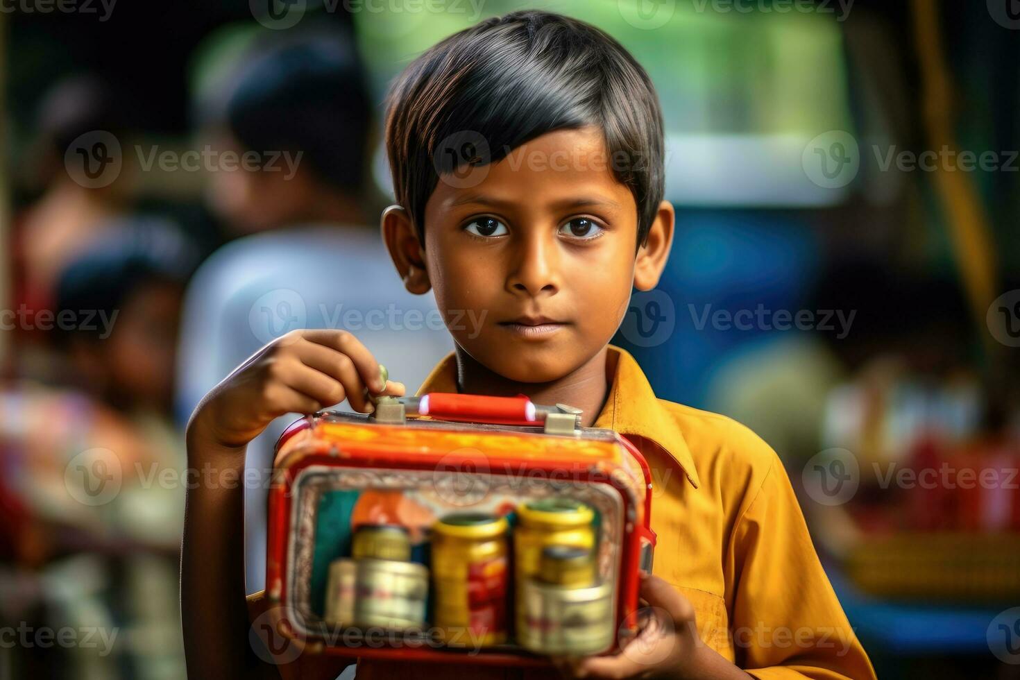 A candid, eye - level shot of a young student eagerly showing off his new lunchbox. Generative AI photo