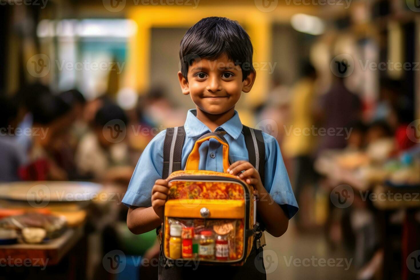 A candid, eye - level shot of a young student eagerly showing off his new lunchbox. Generative AI photo