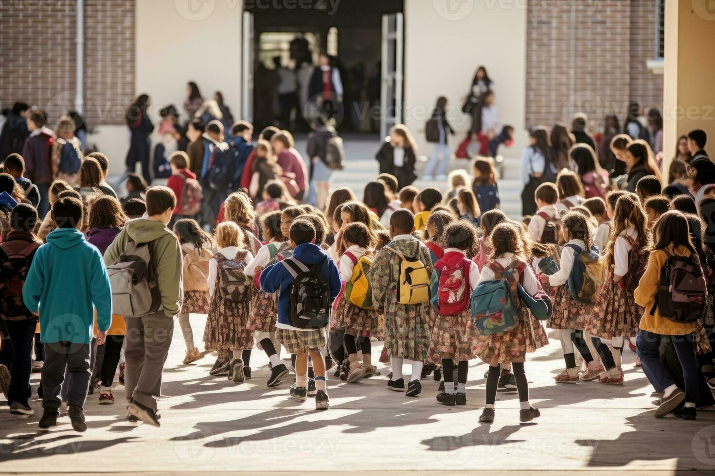 An environmental shot capturing the bustling energy of a schoolyard. Students of varying age ranges, excitedly mingling before school starts. Generative AI photo