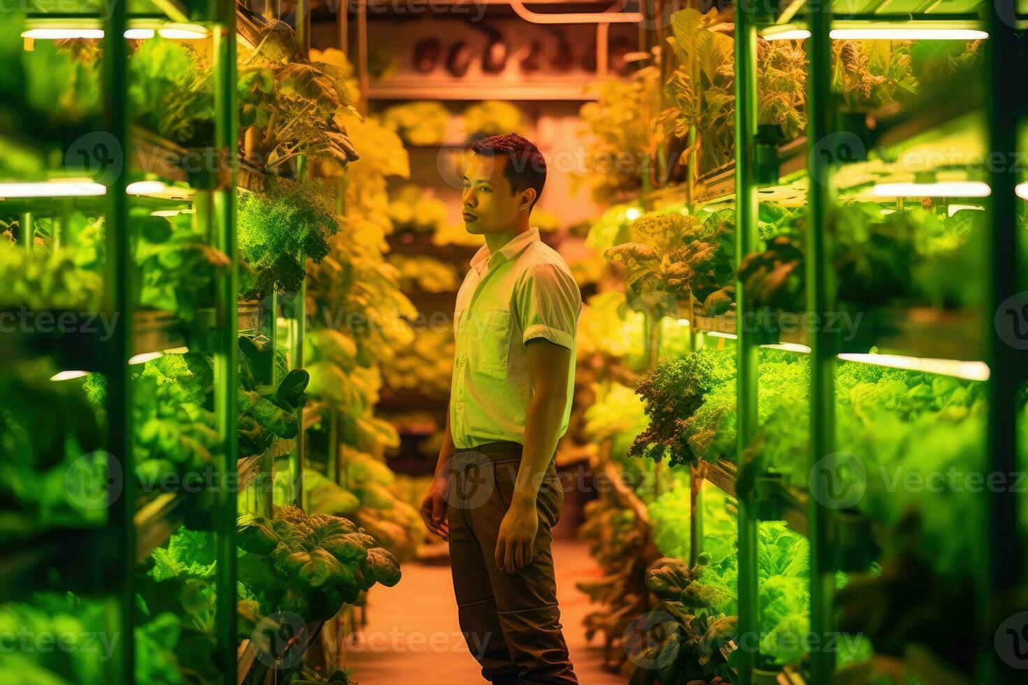 An expressive, contemporary take on hydroponic farming. A farmer amidst rows of vibrant greenery under artificial lights. Generative AI photo