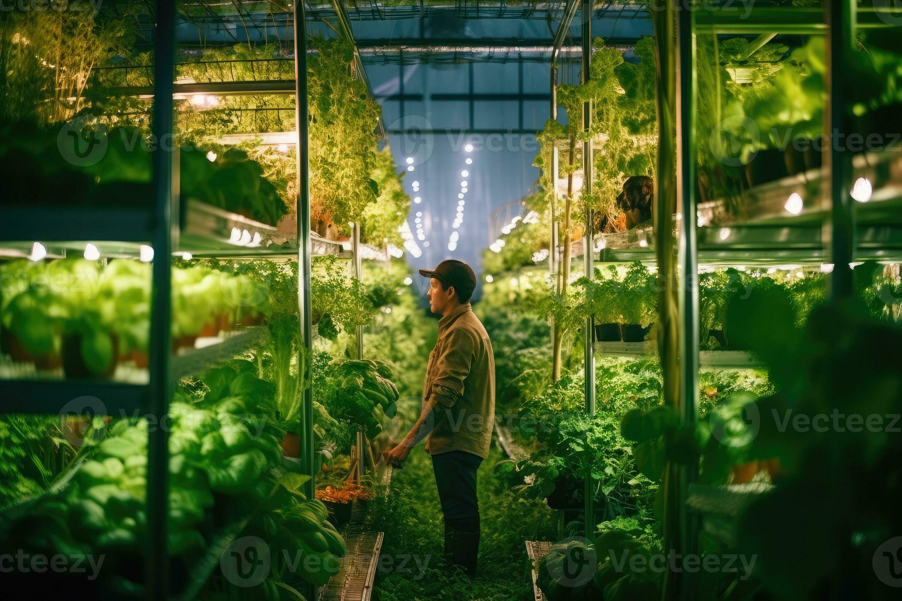 An expressive, contemporary take on hydroponic farming. A farmer amidst