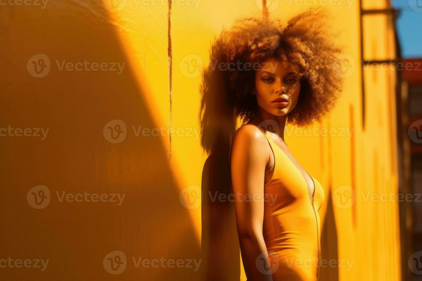 Female model fashion shoot. An expressive and high - contrast portrait framed by blank space. Generative AI photo