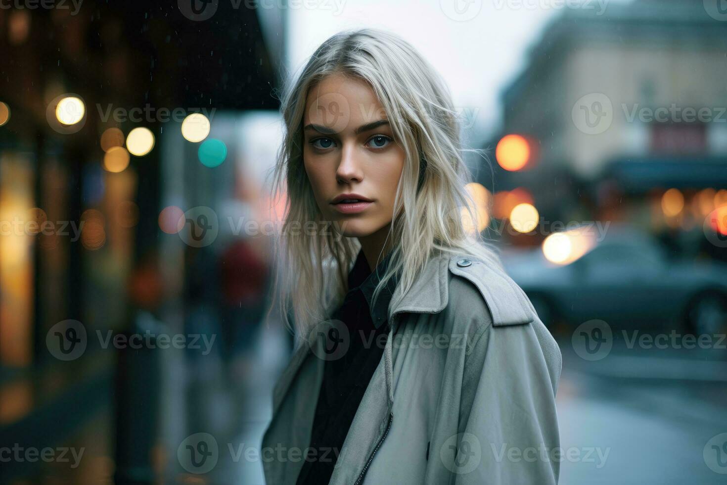 Dynamic urban street style photo. The female model's effortless coolness in the midst of a bustling city.  Generative AI photo