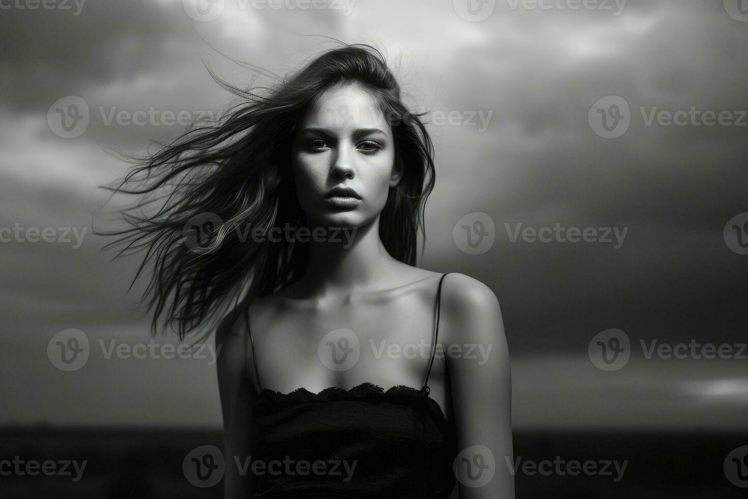 A dramatic black and white female model portrait that evokes a sense of intensity.  Generative AI photo