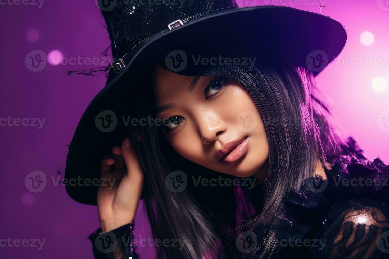 A close - up photograph featuring a young Asian woman in her 20s, immersed in the Halloween spirit. Generative AI photo