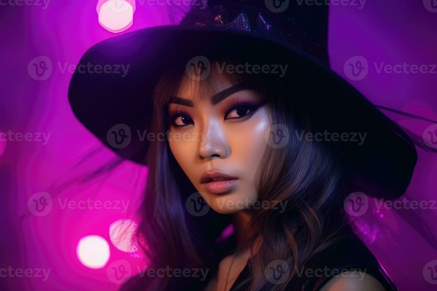 A close - up photograph featuring a young Asian woman in her 20s, immersed in the Halloween spirit. Generative AI photo