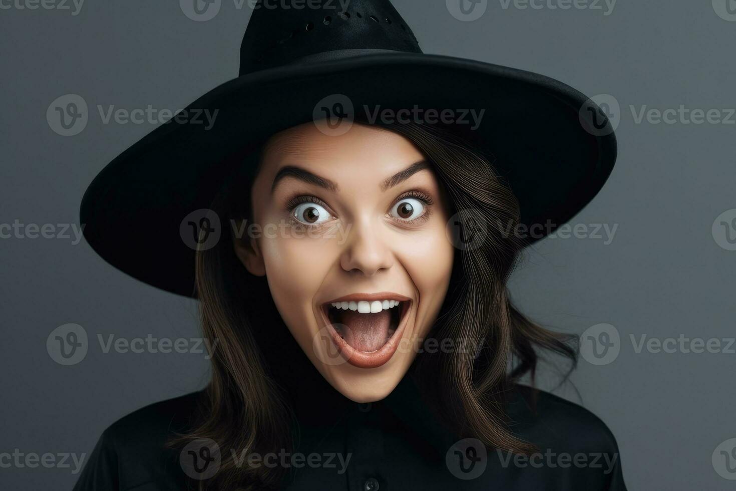 un cerca - arriba fotografía de un encantador joven mujer en su 20 años, vestido en un de moda negro Víspera de Todos los Santos bruja atuendo. generativo ai foto