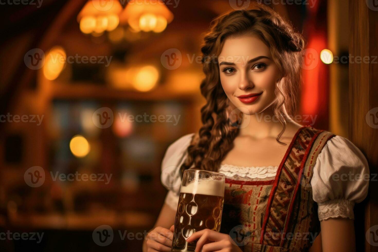 A close - up photo of a joyful young woman wearing a traditional Oktoberfest dirndl. Generative AI