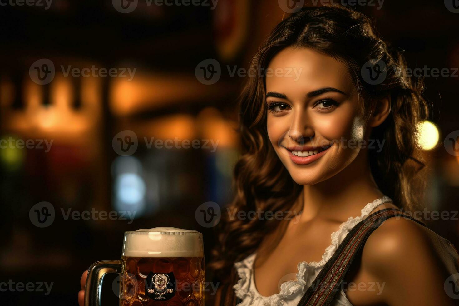 A close - up photo of a joyful young woman wearing a traditional Oktoberfest dirndl. Generative AI