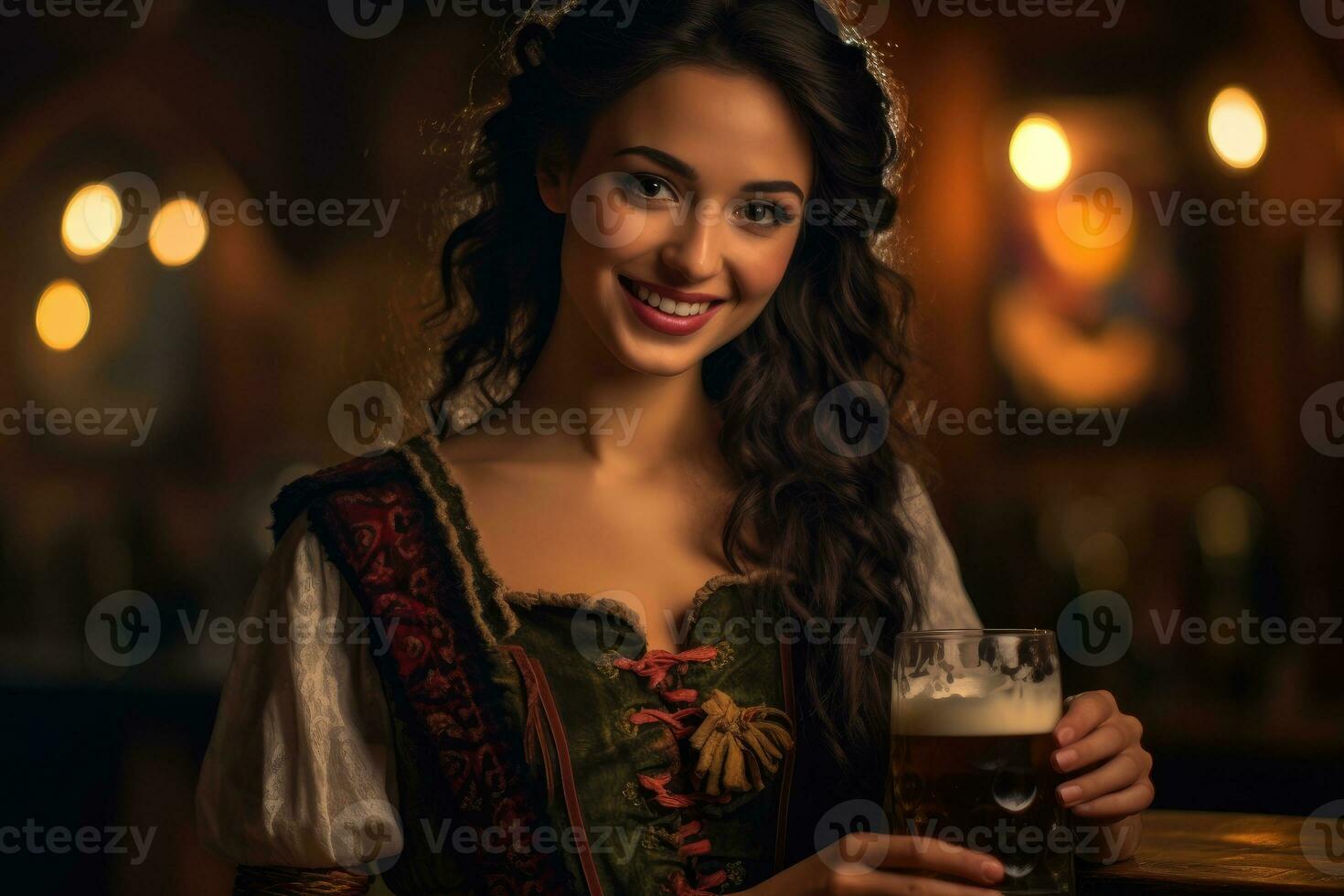 A close - up photo of a joyful young woman wearing a traditional Oktoberfest dirndl. Generative AI