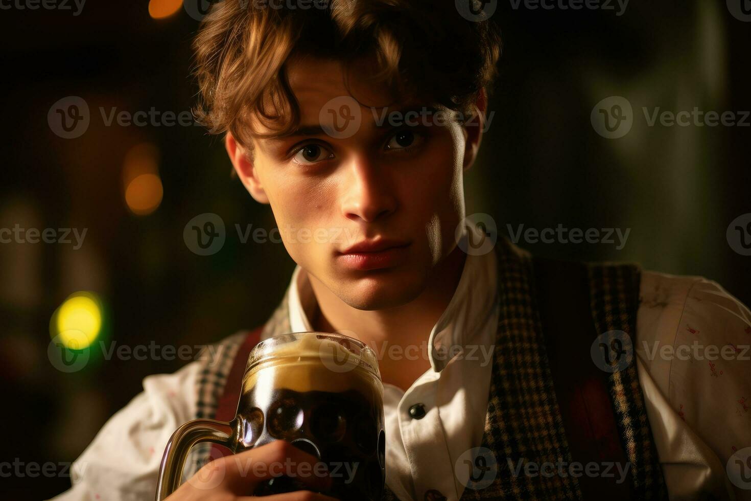 un cerca - arriba foto de un joven hombre vistiendo tradicional lederhosen y participación un cerveza jarra generativo ai