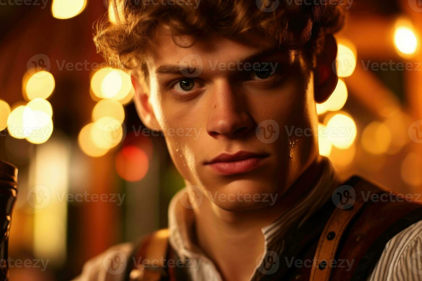 A close - up photo of a young man wearing traditional lederhosen and holding a beer stein. Generative AI