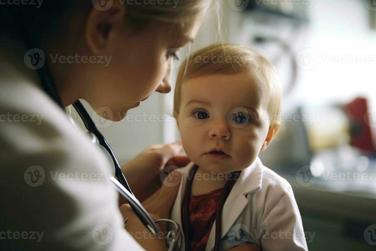 A close - up view of a female doctor carefully examining a baby in a clinic. Generative AI photo