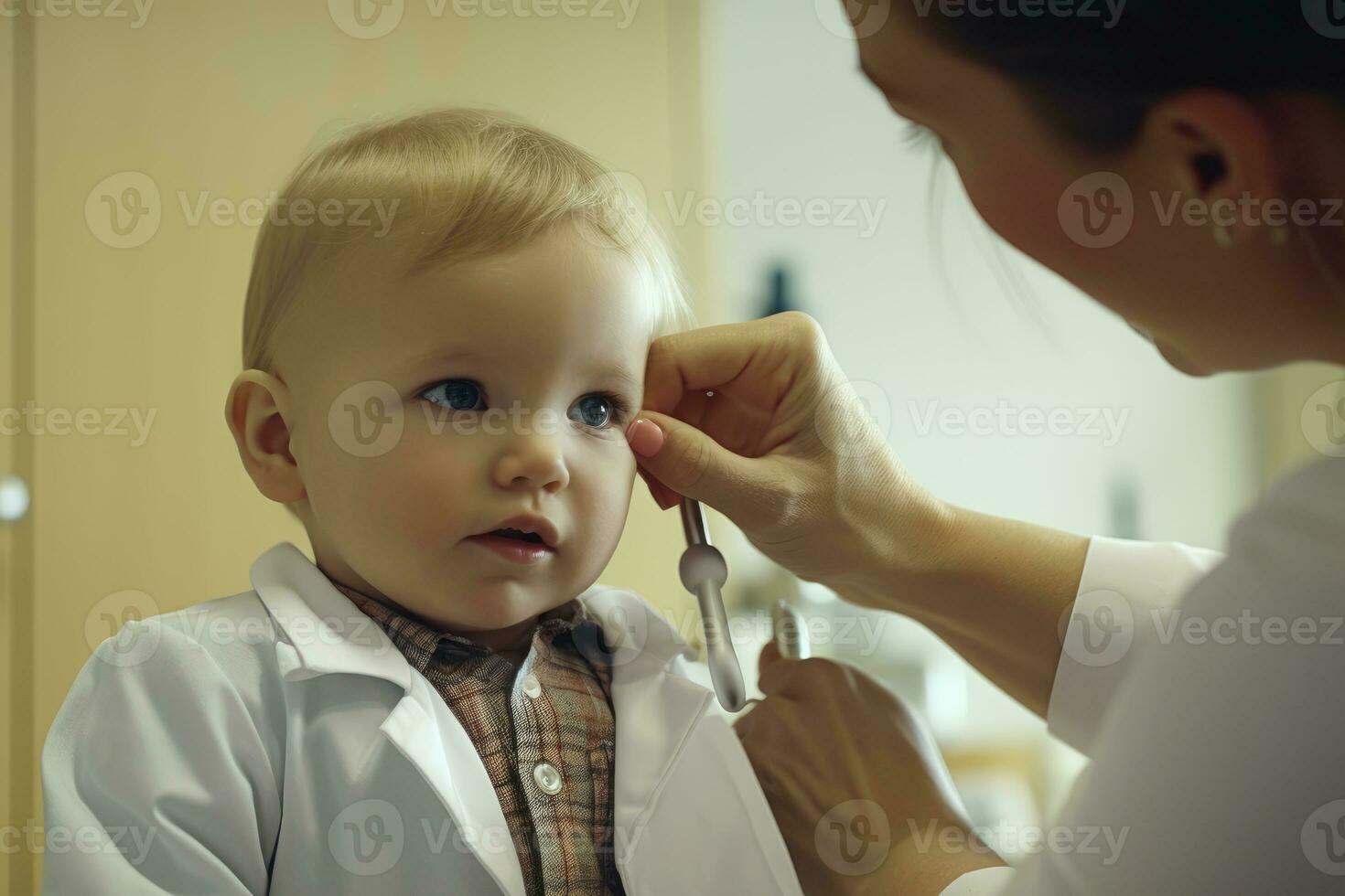 A close - up view of a female doctor carefully examining a baby in a clinic. Generative AI photo