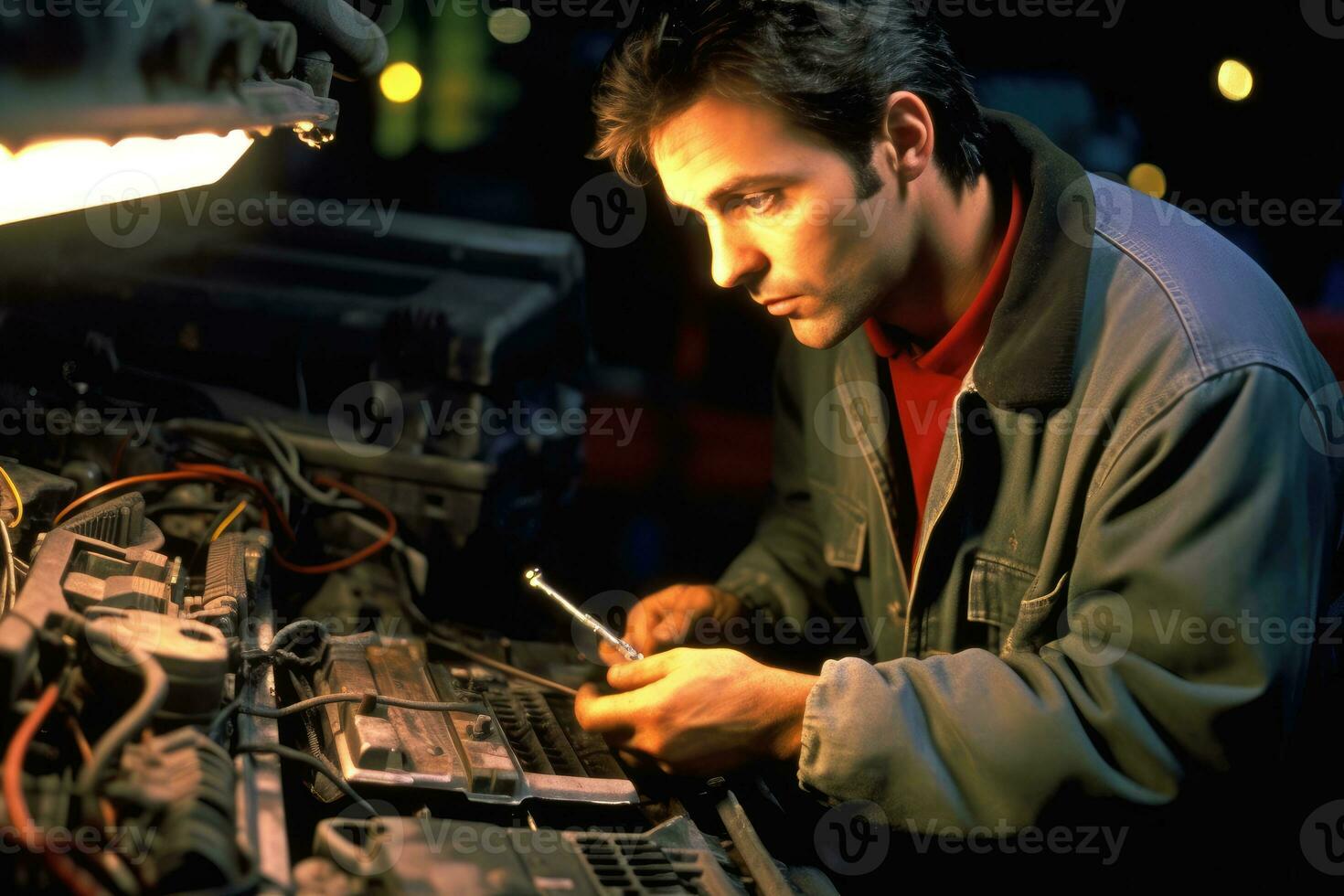 An automobile mechanic as they perform a diagnostic check on a car's engine in a repair service setting. Generative AI photo